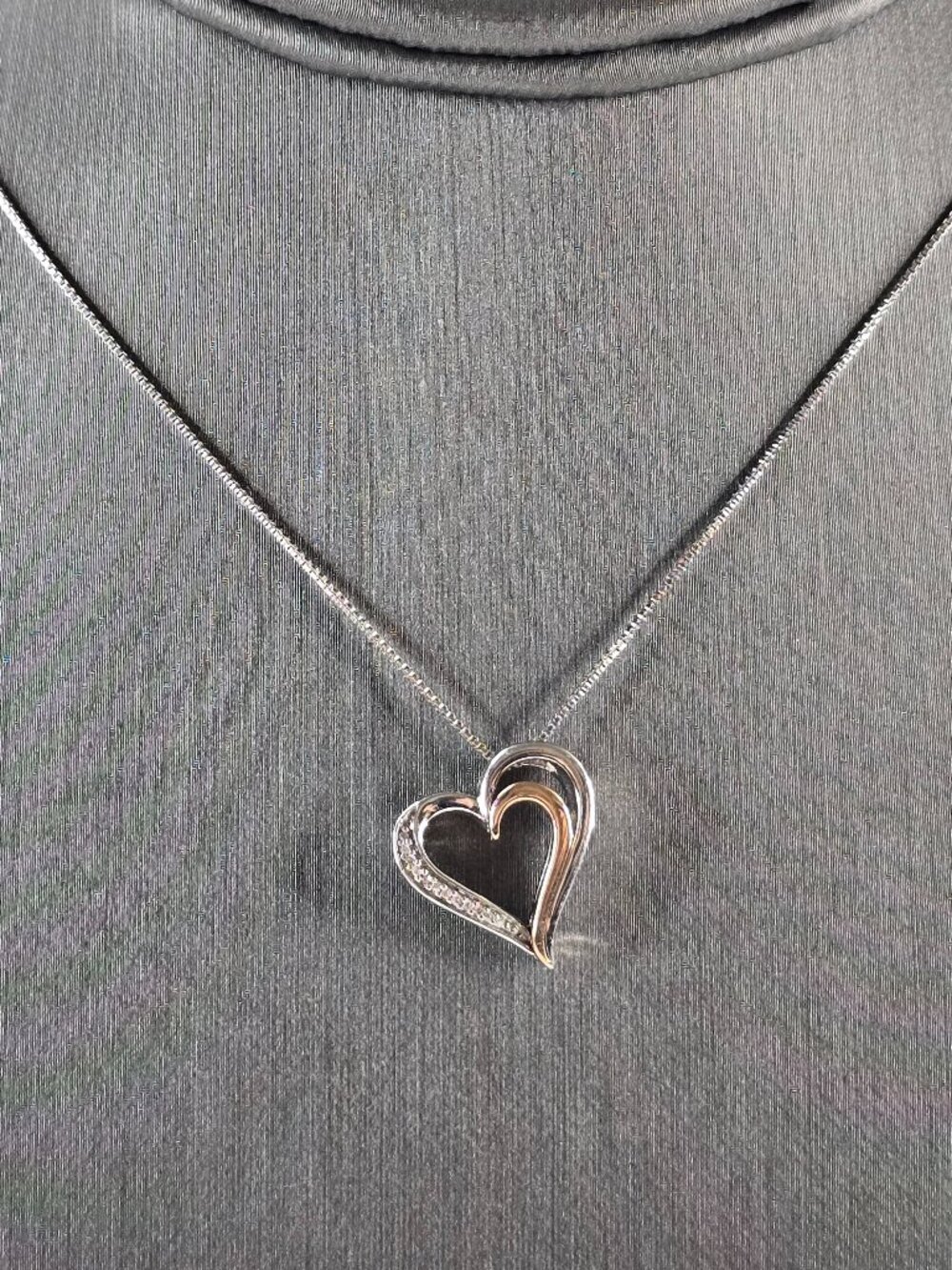 Vintage Sterling Silver 10K Gold Diamond Heart Pendant Necklace 3.9g E2363